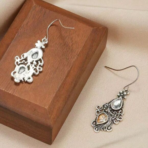 Vtg Style Teardrop Dangle Filigree Silver Earrings 2-Tone Rhinestone Drop Fshon - Picture 3 of 6